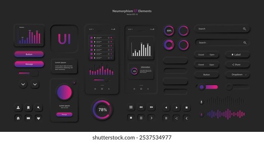 Elementos da interface do usuário para um aplicativo móvel em preto-e-rosa. Conjunto para o desenvolvimento de um site moderno ou aplicação móvel no estilo Neumorfismo. Vetor EPS 1 0.