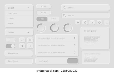 User interface elements for mobile applications. Neumorphic icon mobile app or website design set. Vector icon and button in neumorphism style. UI, UX design kit.