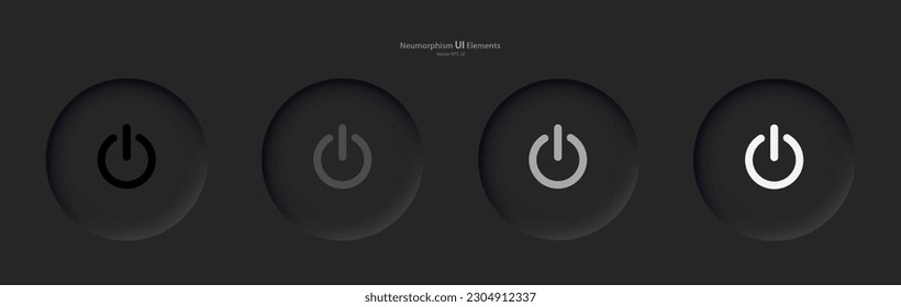 User interface elements for mobile devices in the style of neumorphism, UI, UX. A set of four depressed black round buttons with power symbols. Vector illustration.