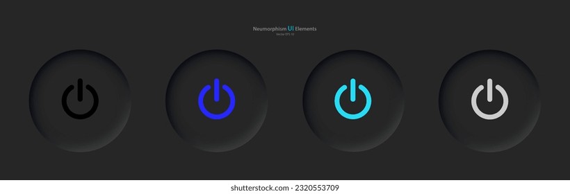 User interface elements for mobile devices in the style of neumorphism, UI, UX. A set of four depressed black round buttons with colored power symbols. Vector illustration.