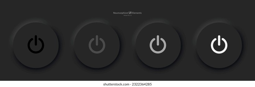 User interface elements for mobile devices in the style of neumorphism, UI, UX. A set of four black round buttons with power symbols. Vector illustration.