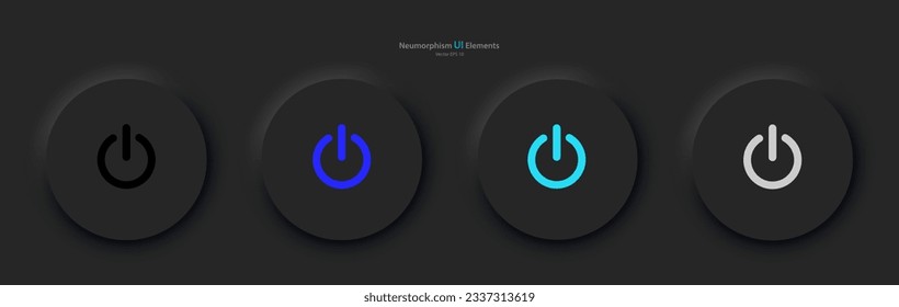 Elementos de interfaz de usuario para dispositivos móviles en el estilo de neumorfismo, UI, UX. Un conjunto de cuatro botones redondos negros con símbolos de potencia de color. Ilustración vectorial.