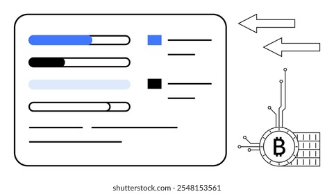 User interface elements with progress bars and checkboxes on a screen. Arrows indicate transactions. Digital Bitcoin symbol connected to circuit lines. Ideal for technology, finance, cryptocurrency