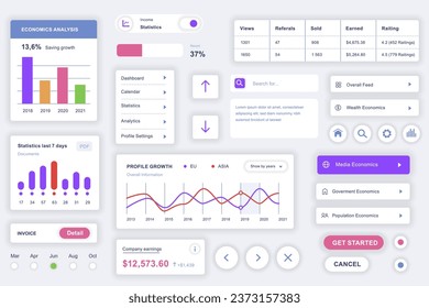 Elementos de interfaz de usuario establecidos para la aplicación móvil de contabilidad. Plantilla de kit con diagramas HUD, perfil, tablero de estadísticas, gráficos de datos financieros, calendario. Paquete de pantallas de interfaz de usuario, UX, GUI. Componentes vectores.