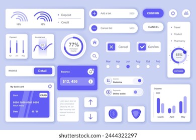 User interface elements set for Banking mobile app or web. Kit template with HUD, financial management, deposit and credit, account balance, invoice, payments. Pack of UI, UX, GUI. Vector components.