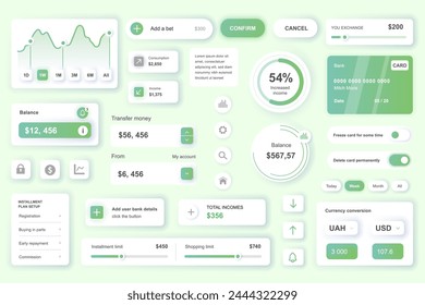 Elemente für die Benutzeroberfläche für mobile Banking-App oder -Web. Kit-Vorlage mit HUD, Kreditkartenmanagement, Einkommensbilanzdaten, Geldüberweisung, Online-Account. Paket mit UI, UX, GUI. Vektorgrafik.