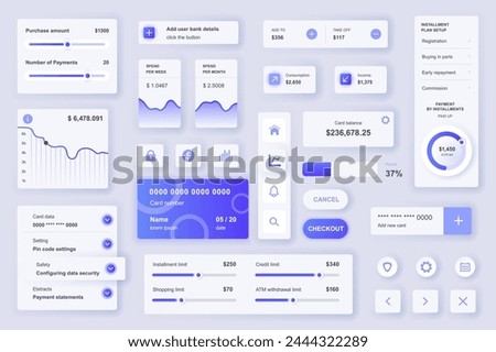 User interface elements set for Banking mobile app or web. Kit template with HUD, financial statistic and management, credit card balance, limits, payments. Pack of UI, UX, GUI. Vector components.