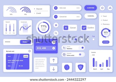 User interface elements set for Banking mobile app or web. Kit template with HUD, financial management, deposit and credit, account balance, invoice, payments. Pack of UI, UX, GUI. Vector components.