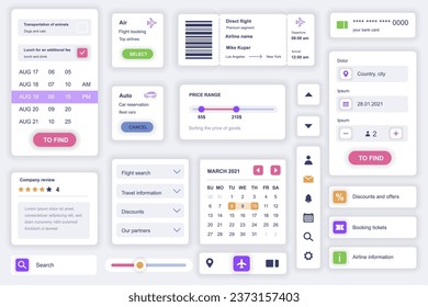 User interface elements set for booking mobile app. Kit template with HUD diagrams, airline ticket, boarding pass form, calendar, travel information. Pack of UI, UX, GUI screens. Vector components.