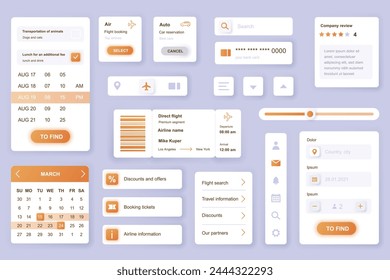 User interface elements set for Booking mobile app or web. Kit template with HUD, flight ticket reservation, travel information, online order, review, search. Pack of UI, UX, GUI. Vector components.