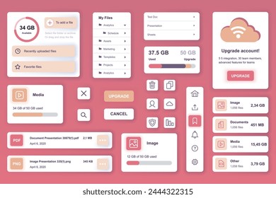 User interface elements set for Cloud storage mobile app or web. Kit template with HUD, file management, online security system, account upgrade, hosting data. Pack of UI, UX, GUI. Vector components.