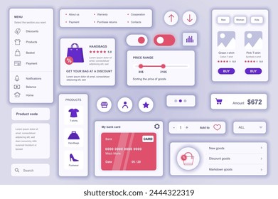 User interface elements set for Commerce mobile app or web. Kit template with HUD, shop menu, product order, price, purchase payment, marketplace navigation. Pack of UI, UX, GUI. Vector components.