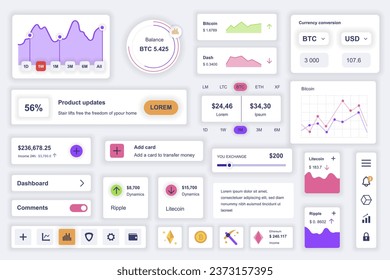 User interface elements set for cryptocurrency mobile app. Kit template with HUD diagrams, profit information, currency exchange, mining graph, banking. Pack of UI, UX, GUI screens. Vector components.