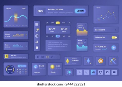 User interface elements set for Cryptocurrency mobile app or web. Kit template with HUD, finance statistics, trading data, bitcoin graph, currency exchange. Pack of UI, UX, GUI. Vector components.