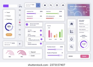 Elementos de interfaz de usuario establecidos para la aplicación móvil de análisis de datos. Plantilla de kit con diagramas HUD, gráficos estadísticos, informe financiero, tarjeta de crédito, rendimiento. Paquete de pantallas de interfaz de usuario, UX, GUI. Componentes vectores.