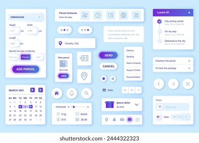 User interface elements set for Delivery mobile app or web. Kit template with HUD, parcel dimensions, calendar, online package tracking, courier route shipping. Pack of UI, UX, GUI. Vector components.