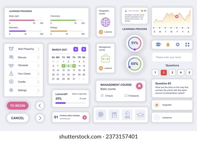 User interface elements set for education mobile app. Kit template with HUD diagrams, learning progress, calendar, lesson plan, profile management. Pack of UI, UX, GUI screens. Vector components.