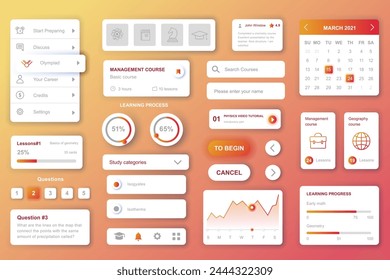 User interface elements set for Education mobile app or web. Kit template with HUD, courses management, learning process data, online lessons, student account. Pack of UI, UX, GUI. Vector components.