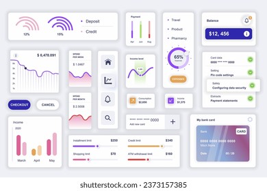 Benutzeroberflächen-Elemente für die Finanzierung mobiler App. Kit-Vorlage mit HUD-Diagrammen, Einzahlungs- oder Kreditinformationen, Geldanalyse, Kontostand. Paket von UI, UX, GUI-Bildschirmen. Vektorkomponenten.