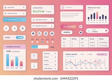 User interface elements set for Finance mobile app or web. Kit template with HUD, earning balance, economics chart, statistics data, financial analysis, report. Pack of UI, UX, GUI. Vector components.