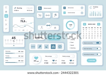 User interface elements set for Fitness mobile app or web. Kit template with HUD, sport activity, weight statistic, pulse tracking, training statistic, result. Pack of UI, UX, GUI. Vector components.