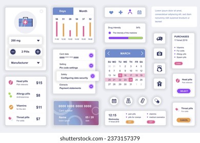 User interface elements set for medical mobile app. Kit template with HUD diagrams, clinic information, diagnosis, pills prescription, online pharmacy. Pack of UI, UX, GUI screens. Vector components.