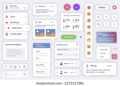 Elementos de interfaz de usuario establecidos para la aplicación móvil de messenger. Plantilla de kit con diagramas HUD, botones de navegación, mensajes de chat, emoticonos, estadísticas de perfil. Paquete de pantallas de interfaz de usuario, UX, GUI. Componentes vectores.