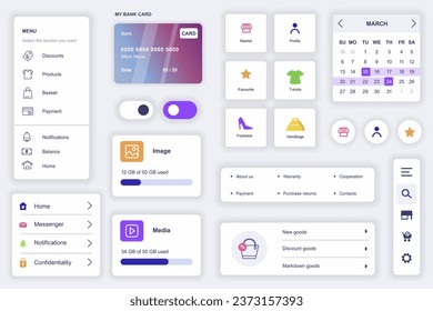 User interface elements set for shopping mobile app. Kit template with HUD diagrams, profile information, credit card payment, basket, search products. Pack of UI, UX, GUI screens. Vector components.