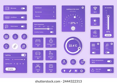 User interface elements set for Smart home mobile app or web. Kit template with HUD, automation system, remote monitoring, room thermostat control, security. Pack of UI, UX, GUI. Vector components.