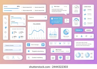 Elemente der Benutzeroberfläche für mobile App oder Web in sozialen Netzwerken. Kit Vorlage mit HUD, Aktivitätsstatistiken, Follower, Einkommensdaten, Werbung, Marketing. Paket mit UI, UX, GUI. Vektorgrafik.