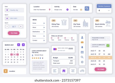 User interface elements set for travel agency mobile app. Kit template with HUD diagrams, destination, calendar, location, hiking trip, tour activity. Pack of UI, UX, GUI screens. Vector components.