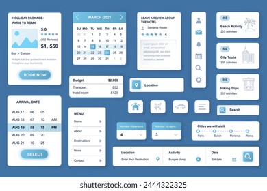 User interface elements set for Travel agency mobile app or web. Kit template with HUD, calendar, tour information, destinations, hotel review, search trip. Pack of UI, UX, GUI. Vector components.