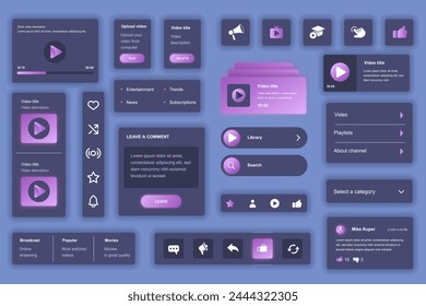 Elementos Video App Web de interfaz de usuario definidos para Kit de Plantilla con HUD, navegación del reproductor, lista de reproducción, tendencias de contenido, difusión, plataforma de streaming. Paquete de interfaz de usuario, UX, GUI. Componentes de Vector.