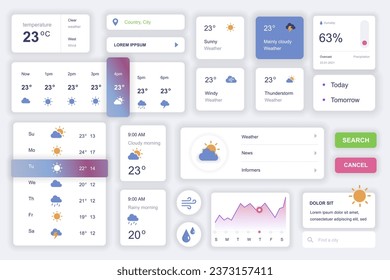 User interface elements set for weather mobile app. Kit template with HUD diagrams, meteorology forecast, temperature, sun, cloud and rain elements. Pack of UI, UX, GUI screens. Vector components.