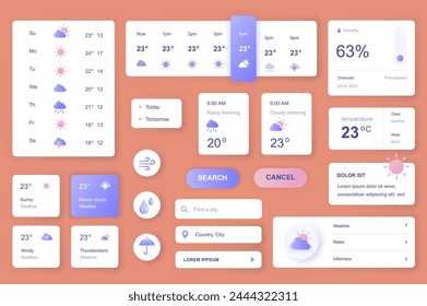 User interface elements set for Weather mobile app or web. Kit template with HUD, forecast today and tomorrow, humidity, temperature, meteorology information. Pack of UI, UX, GUI. Vector components.