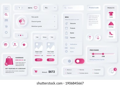 User interface elements for shopping mobile app. Unique neumorphic design UI, UX, GUI, KIT elements template. Neumorphism style. Different form, components, button, menu, shopping vector icons.