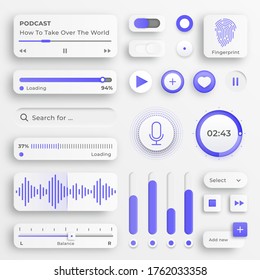 Elemente der Benutzeroberfläche. Sliders für Webseiten, mobile Menüs, Navigation und Apps. Weiße Webknöpfe und Ui-Schieberegler. Schnittstelle für Video- und Musiksteuerung. Ui-Vektorsymbol-Set