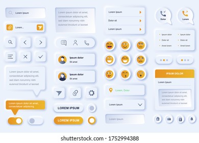 Elementos de interfaz de usuario para la aplicación móvil de red social. Comunicaciones de personas en línea, chat y mensajes de plantillas de gui. Kit de diseño ux neumórfico único. Forma y componentes de navegación y mensajes de texto