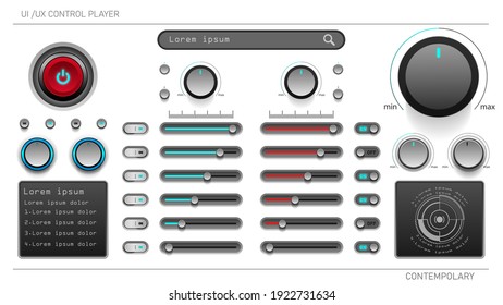 User interface elements.UI ux design kit.button 3D and search with indicator light and Sliding button left to right.Red push-button for power on-off, a knob for turning the volume up-down.
