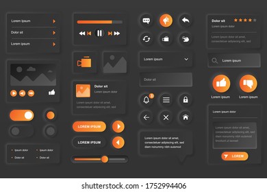 Elementos de interfaz de usuario para aplicación móvil de video tube. Servicio de streaming en vivo, contenido multimedia, plantillas gui de reproductor de vídeo. Kit de diseño ux neumórfico único. Gestionar formularios y componentes de navegación
