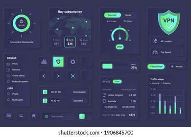 User interface elements for VPN service mobile app. Unique neumorphic design UI, UX, GUI, KIT elements template. Neumorphism style. Different form, components, button, menu, VPN vector icons.