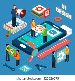 User interface engineering for electronic appliances and mobile devices concept pictograms composition design isometric abstract  vector illustration