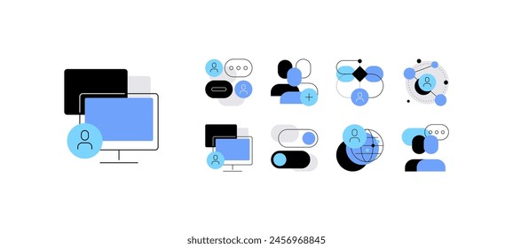 Interfaz de usuario y experiencia de usuario. Desarrollo de proyectos digitales y de alta tecnología. Conjunto de iconos planos. Elementos infográficos para App, Diseños web, presentaciones y otros. archivo de Vector.