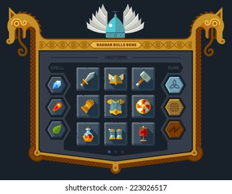 The user interface for the game: main menu, settings, runes, spells, armor. Vector flat style