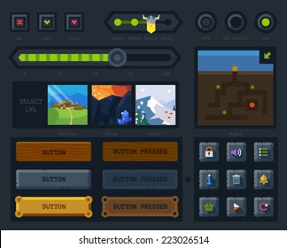 The user interface for the game: map, buttons, icons,  levels, controls and settings. Flat vector style