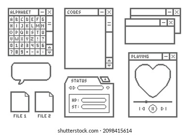 User Interface Game props icon set 8 bit pixel art vector illustration
