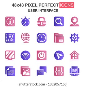 User interface glyph icon set. Pinpointer, lock, gear, email, magnifier, clock, wifi, settings, search, chart unique icons. Flat vector bundle for UI UX design. 48x48 pixel perfect GUI pictograms pack