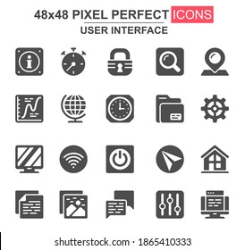 User interface glyph icon set. Pinpointer, lock, gear, email, magnifier, clock, wifi, settings, search, chart unique icons. Flat vector bundle for UI UX design. 48x48 pixel perfect GUI pictograms pack