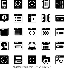 User Interface Glyph Icons Set. Such as Navigation, Form, Calendar, Button, Checkbox, Avatar, Tab, Notification, Card, Accordion, Slider, Table, Breadcrumb, Dropdown, File Upload