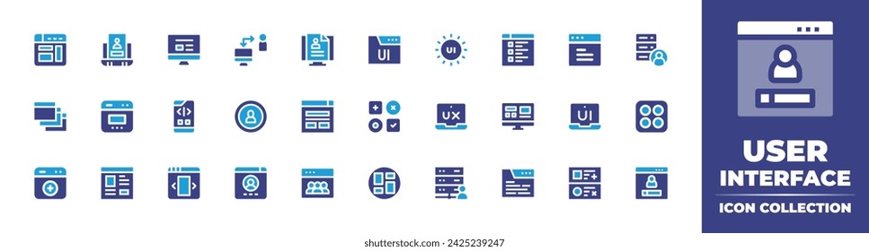 User interface icon collection. Duotone color. Vector and transparent illustration. Containing user interface, ui, website, browser, user experience, windows, contact, ui design, application, list.